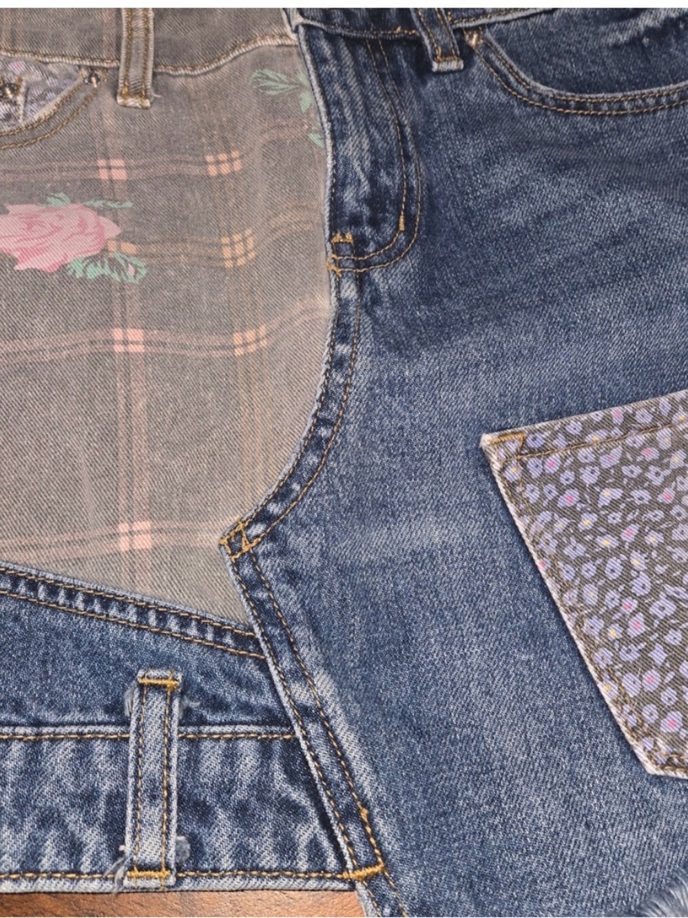 BDG Mixed Floral Patchwork Denim Mini Skirt - Blue, Lavender & Pink - Picture 2 of 4